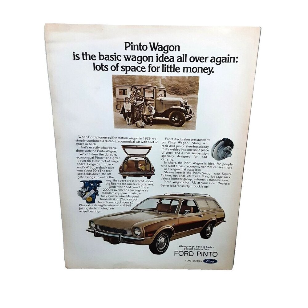 1972 1973 Ford Pinto Wagon with a 1929 Ford car Original Print Ad 70s